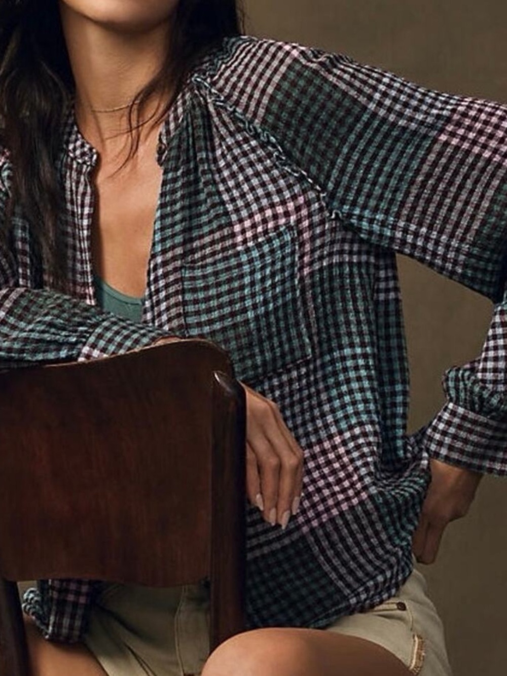 Anthropologie Relaxed Plaid Button-Up Shirt in Green, Pink & Black